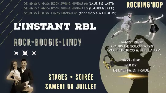 Flyer des stages et soirée Rock Boogie Lindy 08/07/2023